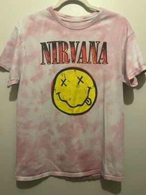 Nirvana Smiley Face Graphic Pink Tie Dye Unisex Short Sleeve T-Shirt Medium